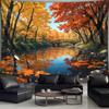 1pc Large Autumn Forest Lake Tapestry Wall Hanging - Realistic Fall Foliage Maples & Birch Trees with Chequered Sofa & Bridge, G