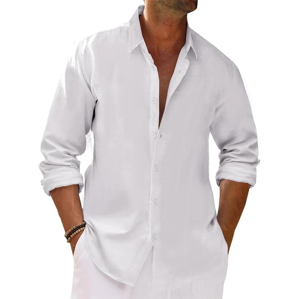 Men's Spring Summer Long Sleeve Shirts Cotton Linen Causal Loose Fit Solid Color Dailywear Lapel Collar Single Breasted Tops