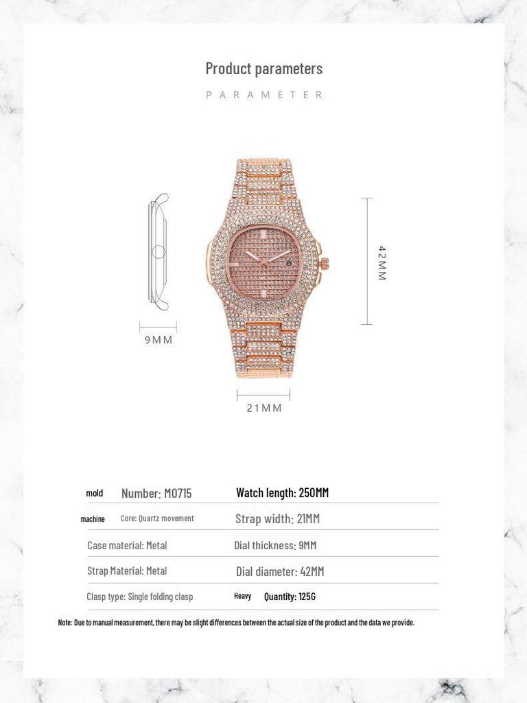 Luxury Unisex Full Diamond Steel Band Quartz Wristwatch with Calendar