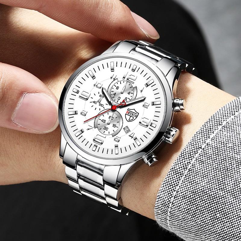 3pcs/set Fashion Men's Casual Quartz Watch Stainless Steel Wrist Watch & Bracelet & Necklace, Men's Gifts