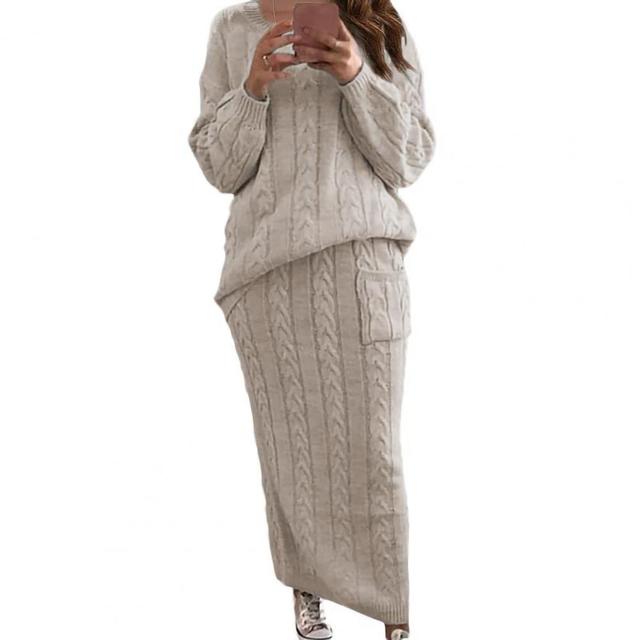 Winter Frauen Gestrickte 2 Stück Set Casual Einfarbig Langarm Pullover Pullover Top + Gestrickte Röcke 2PCS Anzüge frauen Warme Sets