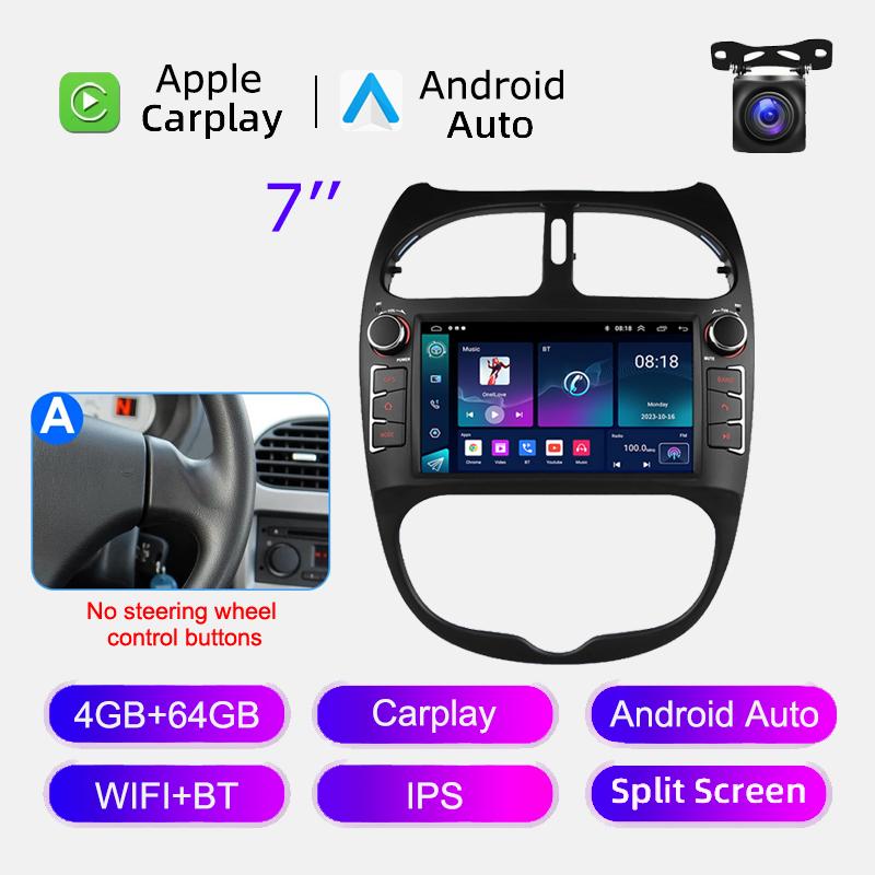 Android 12 Car Radio for PEUGEOT 206 206CC 206SW 2000-2008 Multimedia Player GPS Navigation 7 Inch With Buttons Carplay HeadUnit