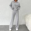 Women Autumn Winter Solid Color Loose Knitted Sweatshirt Suit Casual Long Sleeved Striped Hoodie Long Straight Leg Pants Two-piece Set