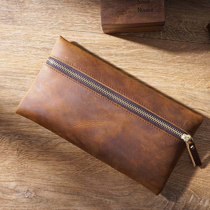 Fromthenon Crazy Horse Leather Retro Zipper Pen Case Portable Storage Bag Large Capacity Pencil Case Customizable Business Gifts