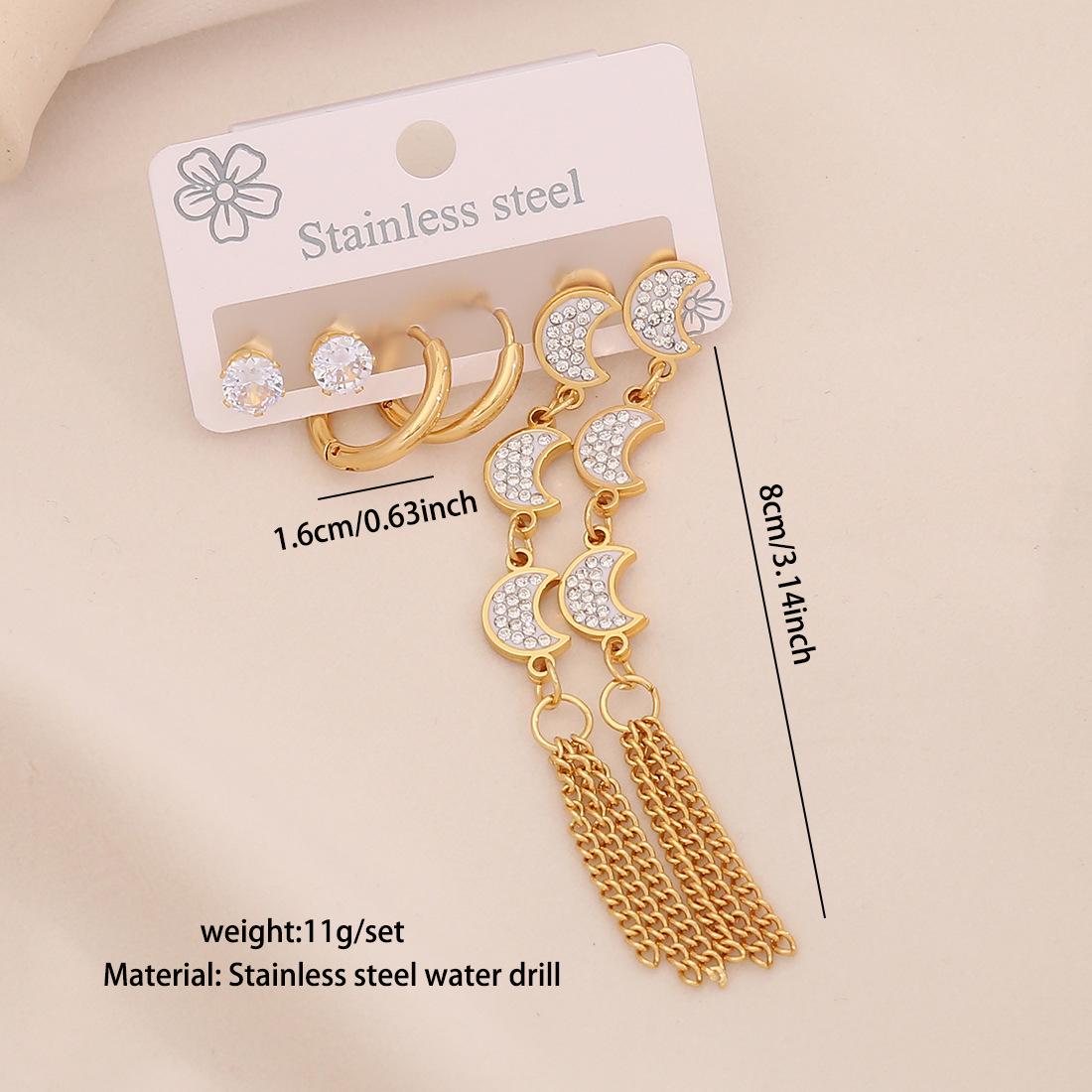 

3 Pairs Flower Tassel Stud Earrings, Satisfy Drop Moon Stainless Steel Earrings, Versatile Ear Jewelry