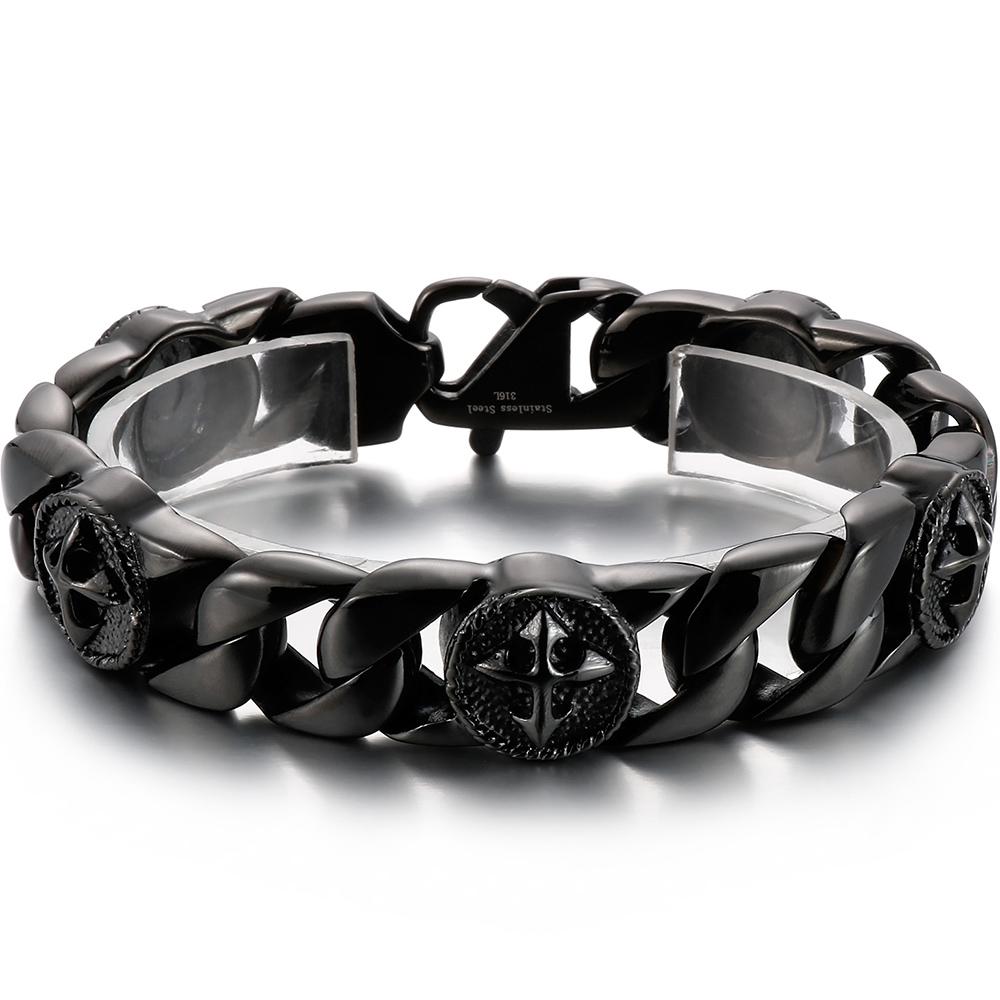 

Крутой черный аксессуар из нержавеющей стали, ретро мужские браслеты с крестом и кубинской цепочкой 15 мм, подарки для него для вечеринки 22CM чёрный