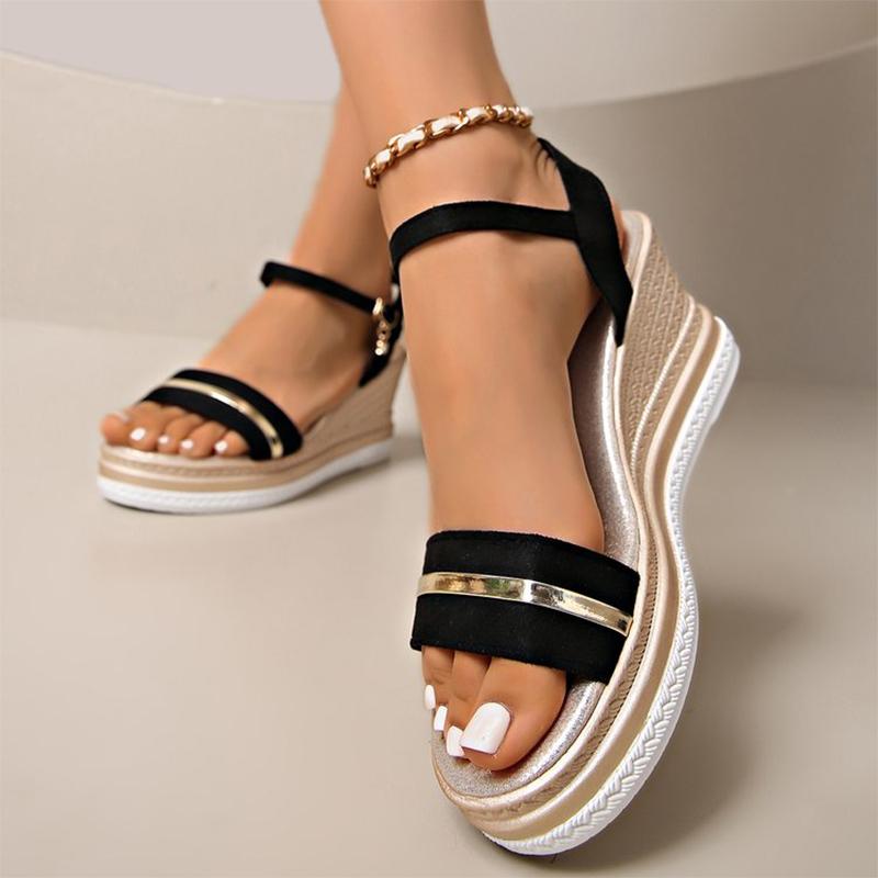 Fashion Summer Buckle Metal Bars Wedge Sandals for Women Open Toes Roman Sandalias Platform Suede Shoes Woman Slides