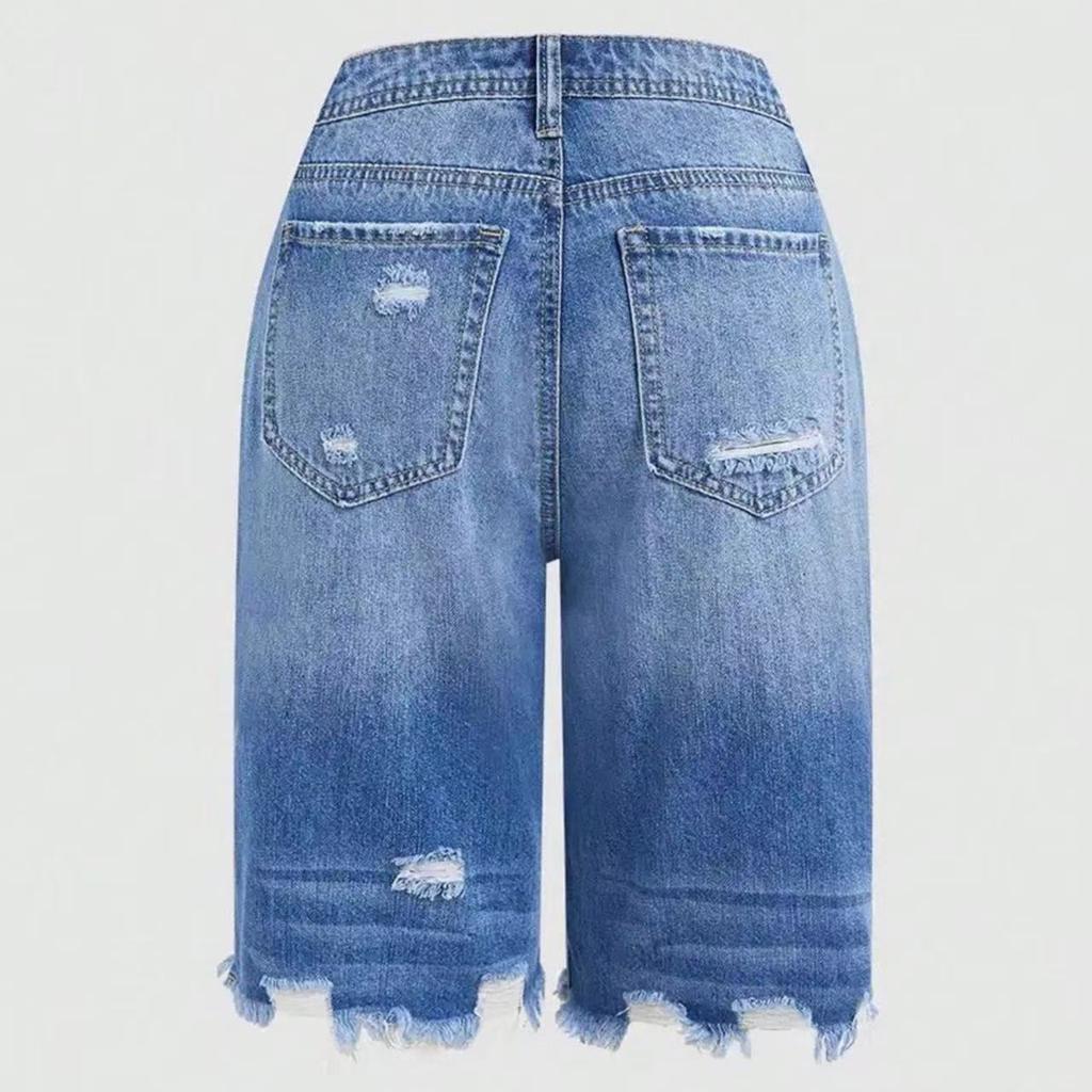 Women Straight Leg Denim Shorts with Pockets Distressed Design Mid Waist Non Stretch Casual Jean Bermuda Shorts