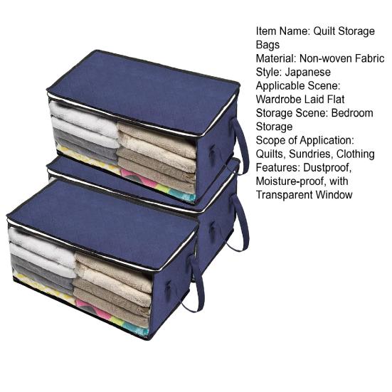 3 Pcs Foldable Quilt Storage Bag Dustproof Moisture-proof with Transparent Window Zipper Closure Large Capacity Wardrobe Blanket Towel Pillow