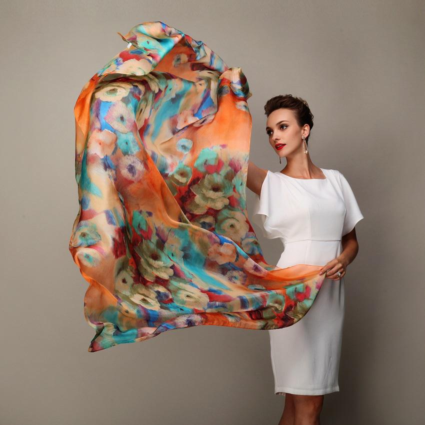 Winter Fashion Women'S Scarf Mulberry Silk Scarves Shawl Female Long Silk Scarf Blue And Coffee 180*110Cm