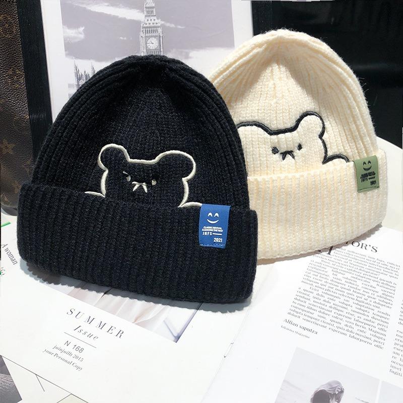 Hat Female Winter Bear Embroidered Wool Hat Cute Thermal Hat Ear Protector Cold Hat Deer Fleece Standard Knitted Hat