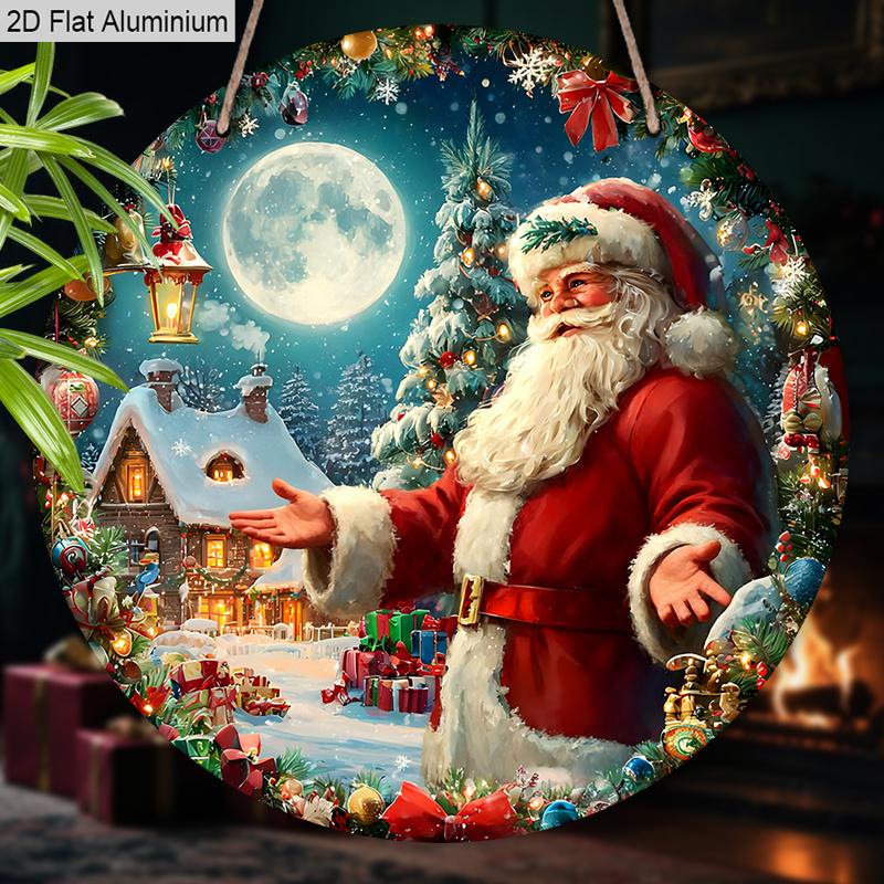 Panneau de Noël en Aluminium Coloré Plat 2D - Ornements Figurine Navidad avec Motif Père Noël & Couronne - Idéal pour Porte d'Entrée, Mur, Porche, Clôture