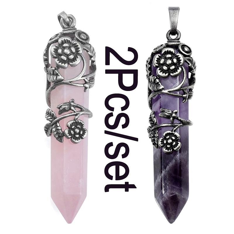 Mode natürliche Kristall sechseckige Säule Vintage Legierung Rose Anhänger Amethyst Kristall Halskette