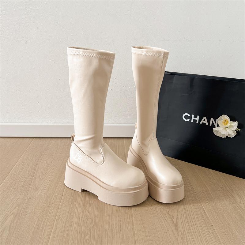 

Британские элегантные длинные сапоги-рыцари женские 2025 новая осень черные на толстой подошве ретро толстый каблук маленькие облегающие сапоги 40 бежевый