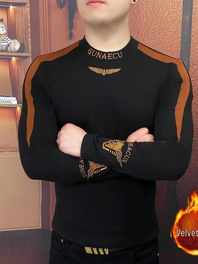 Bluză sport bărbătească cu guler înalt brodat și căptușeală din fleece - Modă Toamnă/Iarnă, Color Block, Mânecă lungă