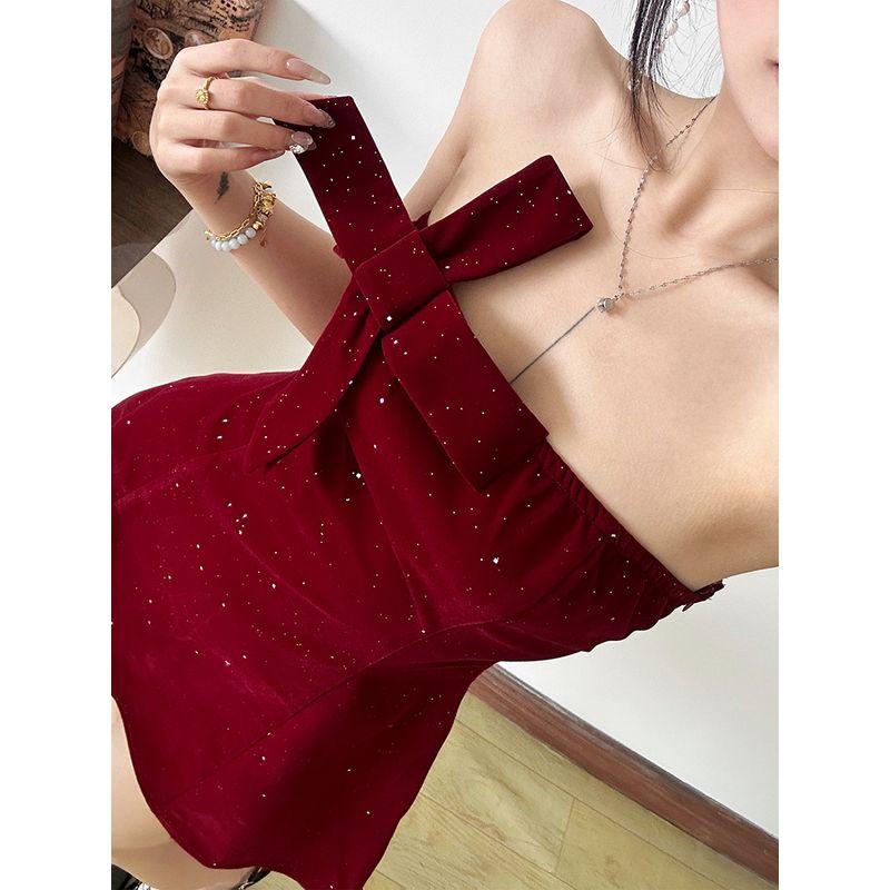 # Sisjuly# Bows Heavy Industry Design Fine Glitter Party Accessible Luxury Sexy Tube Top Slim Looking Dress Female