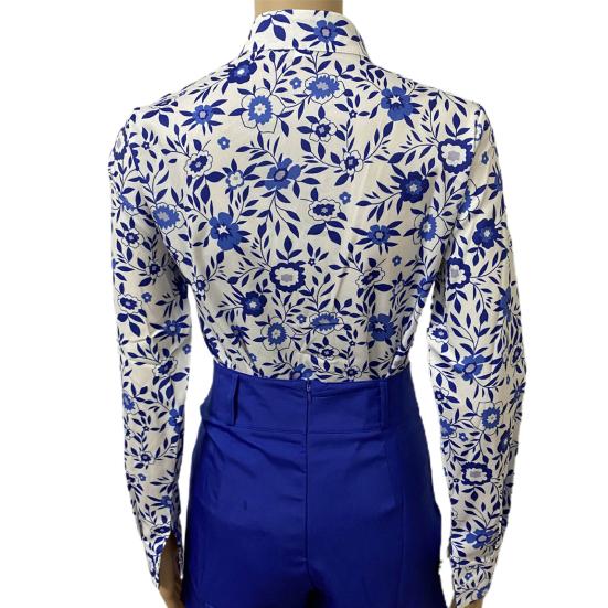 Elegantes Büro-Damenhemd Stehkragen Einreihig Blumendruck Langarm Knöpfe Bluse für Frühling/Sommer