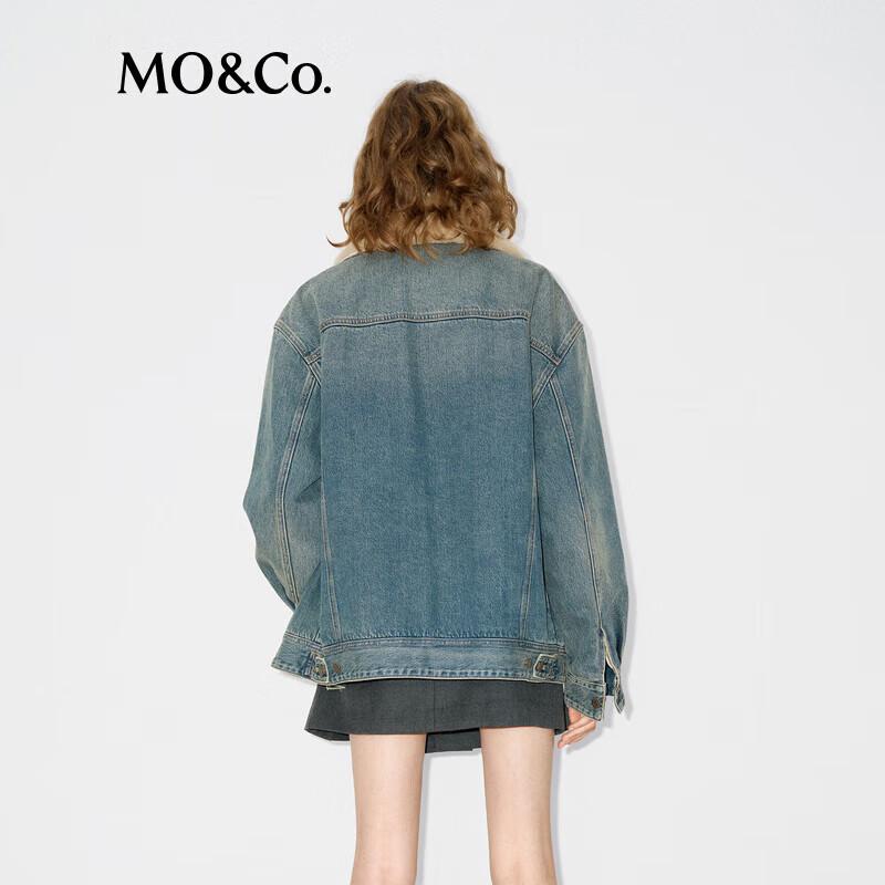 MO&Co. Plush Collar Retro Washed Denim Jacket