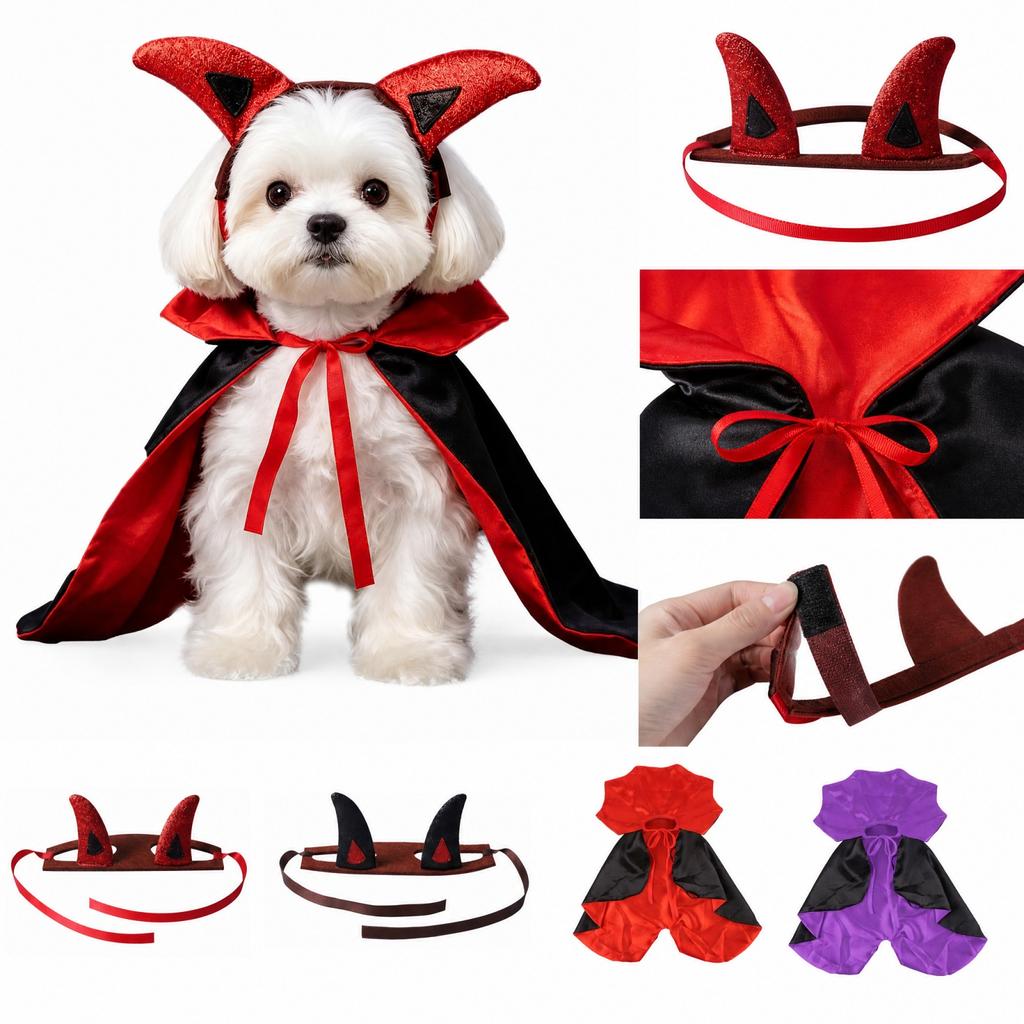 Pet Halloween Costume Cape for Small To Medium Dogs and Cats, Reversible Black and Red with Purple Option
