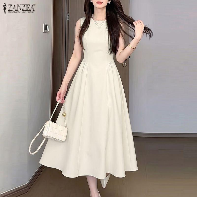 ZANZEA Women Elegant Casual Round Neck Sleeveless Dress