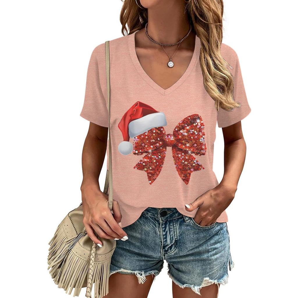 Christmas Santa Hat  Glittery Red Bow TShirt for Women Vneck Festive Holiday Party Tops Women Merry Christmas Soft Tee