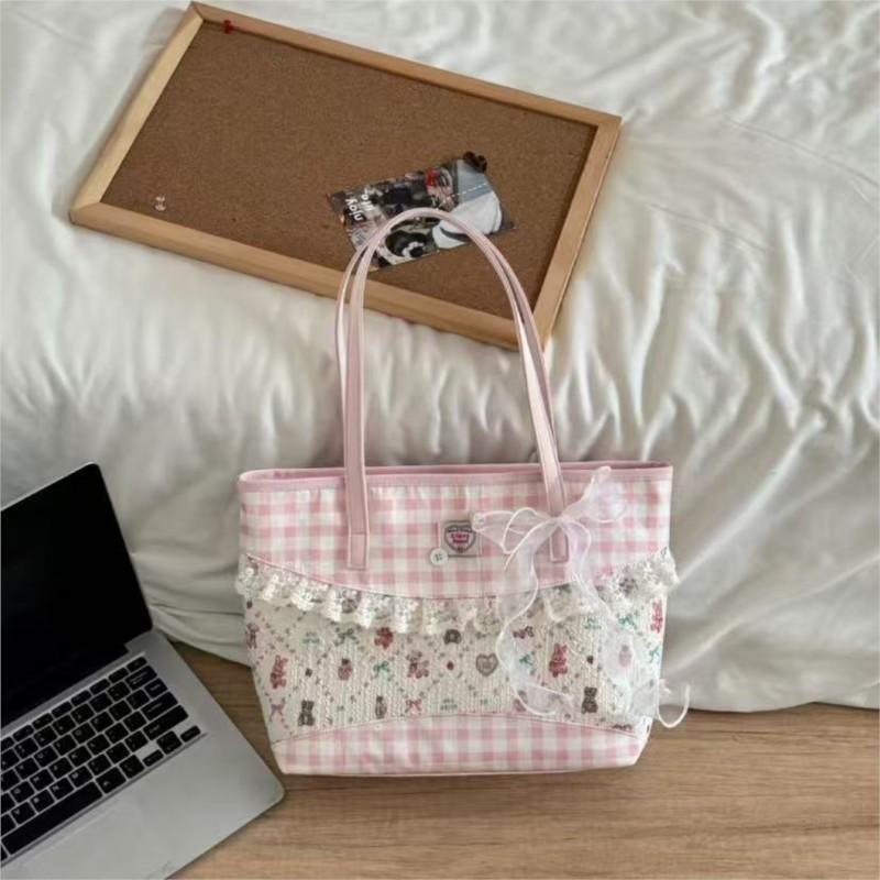 JIAERDI Sweet Cute Pink Plaid Tote Bag Women Harajuku Romantic Lace Detail Shoulder Bags Female Large Capacity Casual Handbag