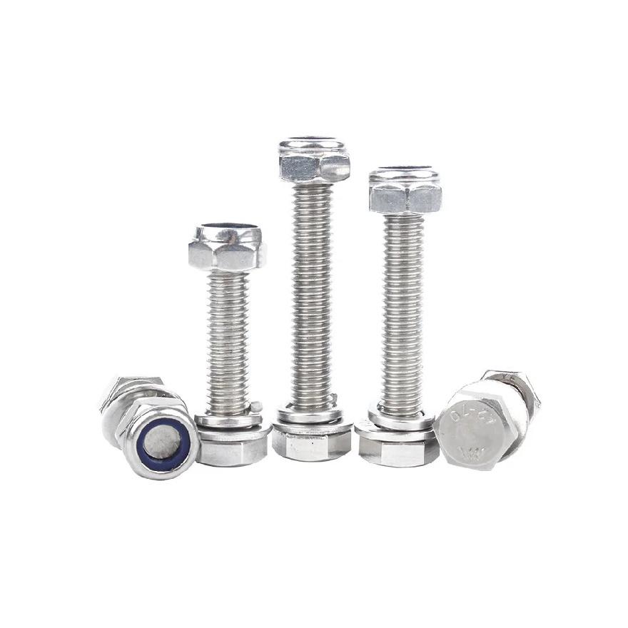 Hexagon Head Bolts and Lock Nuts Washers Set Stainless Steel Hex Head Screws With Locknut Kit Spring Washers M4 M5 M6 M8 M10 M12