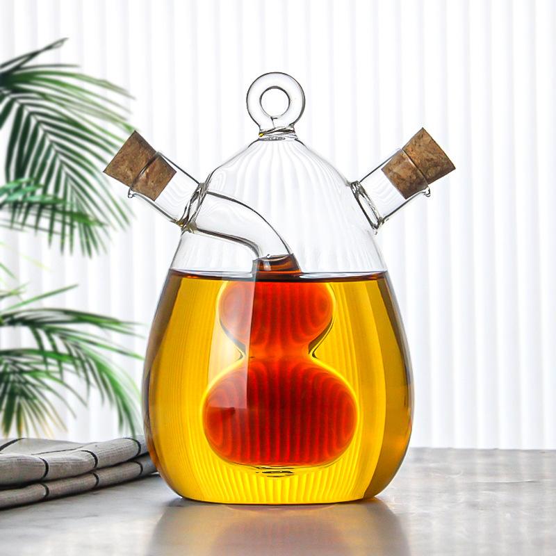 Double-layer Glass Oil Jug 2-in-1 Oil Vinegar Bottle Home Creative Double-mouth Cork Shaped Glass Oil Jug Kitchen Seasoning Tool