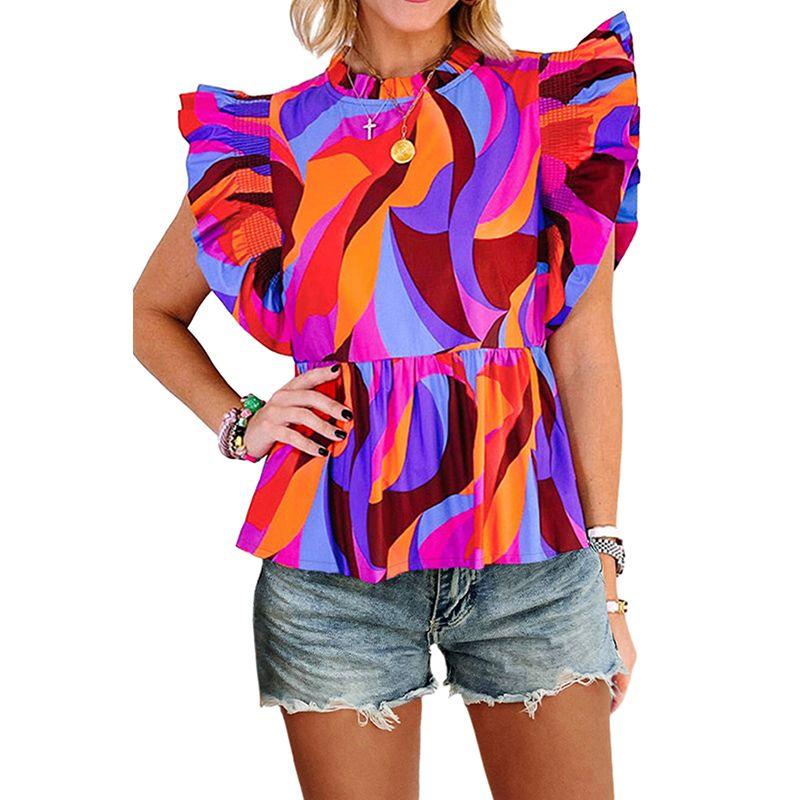 

Summer New Arrival Personalized Minority Abstract Printing Chiffon Shirt Women 2025 Fashion Fashion Ruffles Sleeveless Tops Women Color Size XL fit (70.00 kg-75.00 kg
