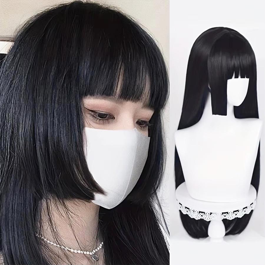 Natuurlijke Lange Stevige Synthetische Zwarte Pruik Met Pony Lolita Cosplay Haar Pruiken Voor Vrouwen Hittebestendige Vezel Dagelijkse Feestpruik Fem 26inches black