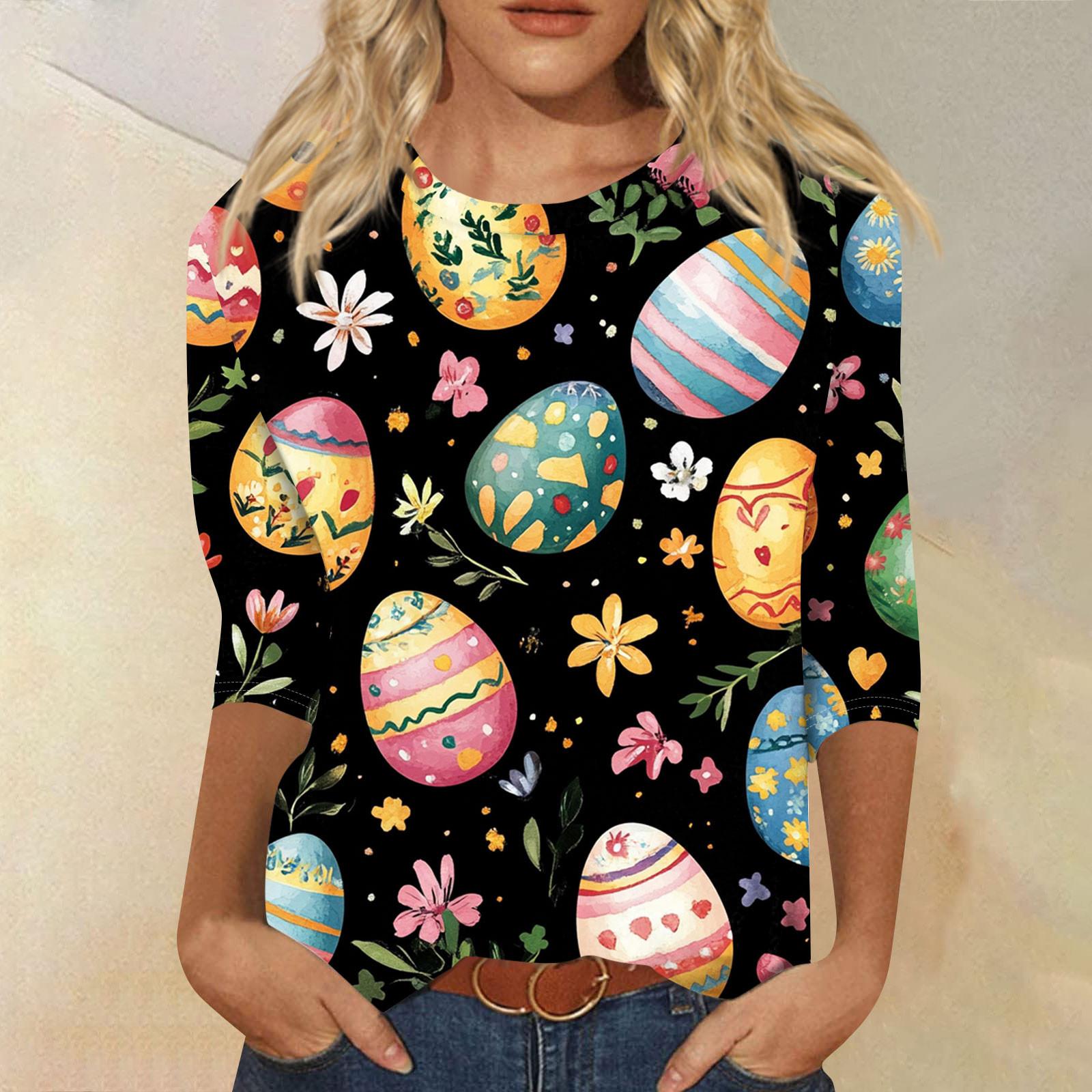 

Женская мода повседневная блузка с круглым вырезом и принтом «Пасха» из семи рукавов XL чёрный