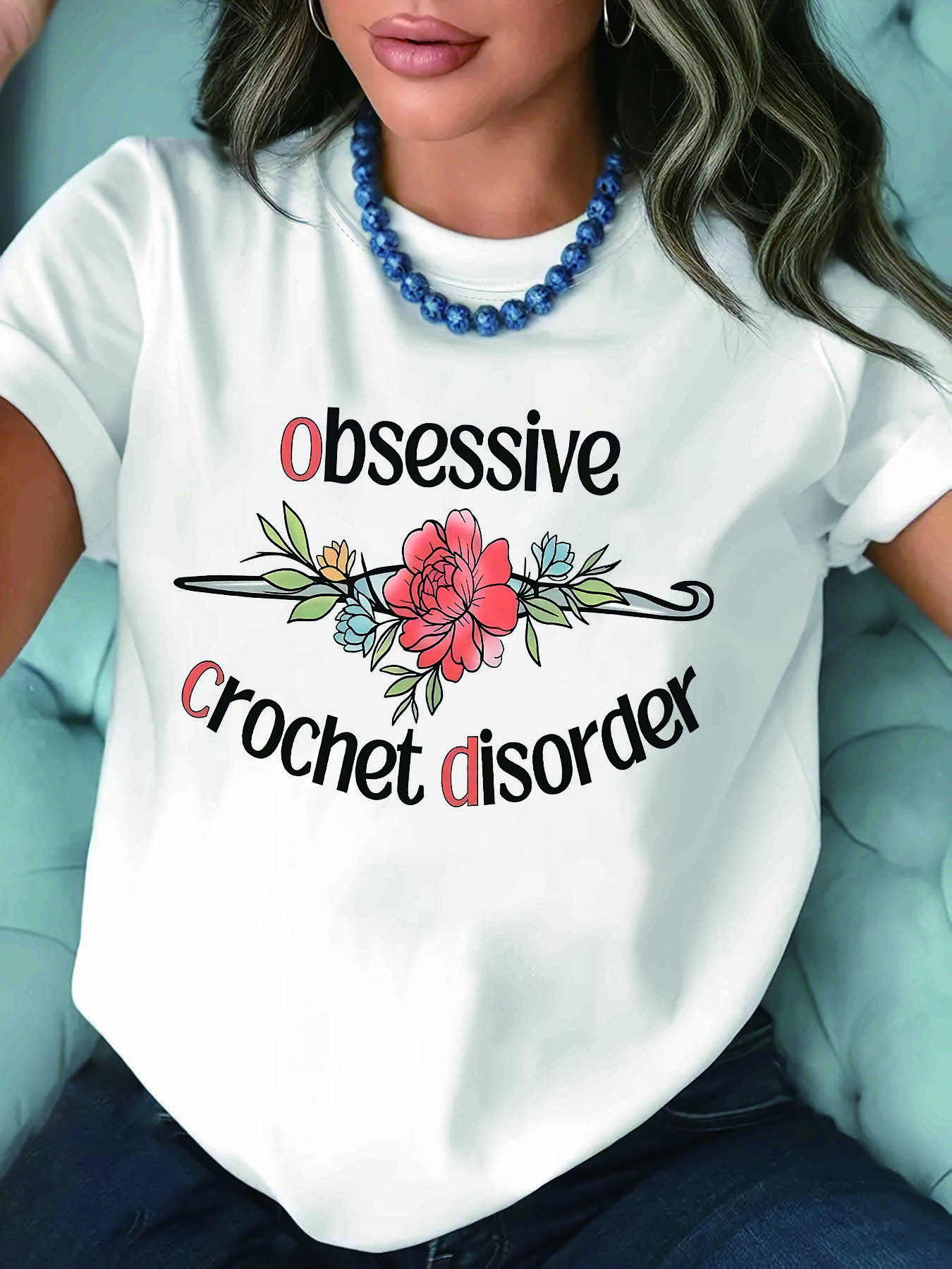 

Love for Crochet: Obsessive Crochet Disorder Paired with Crochet and Floral Pattern Printed Women S Fashionable Casual Round-Neck T-Shirt S белый