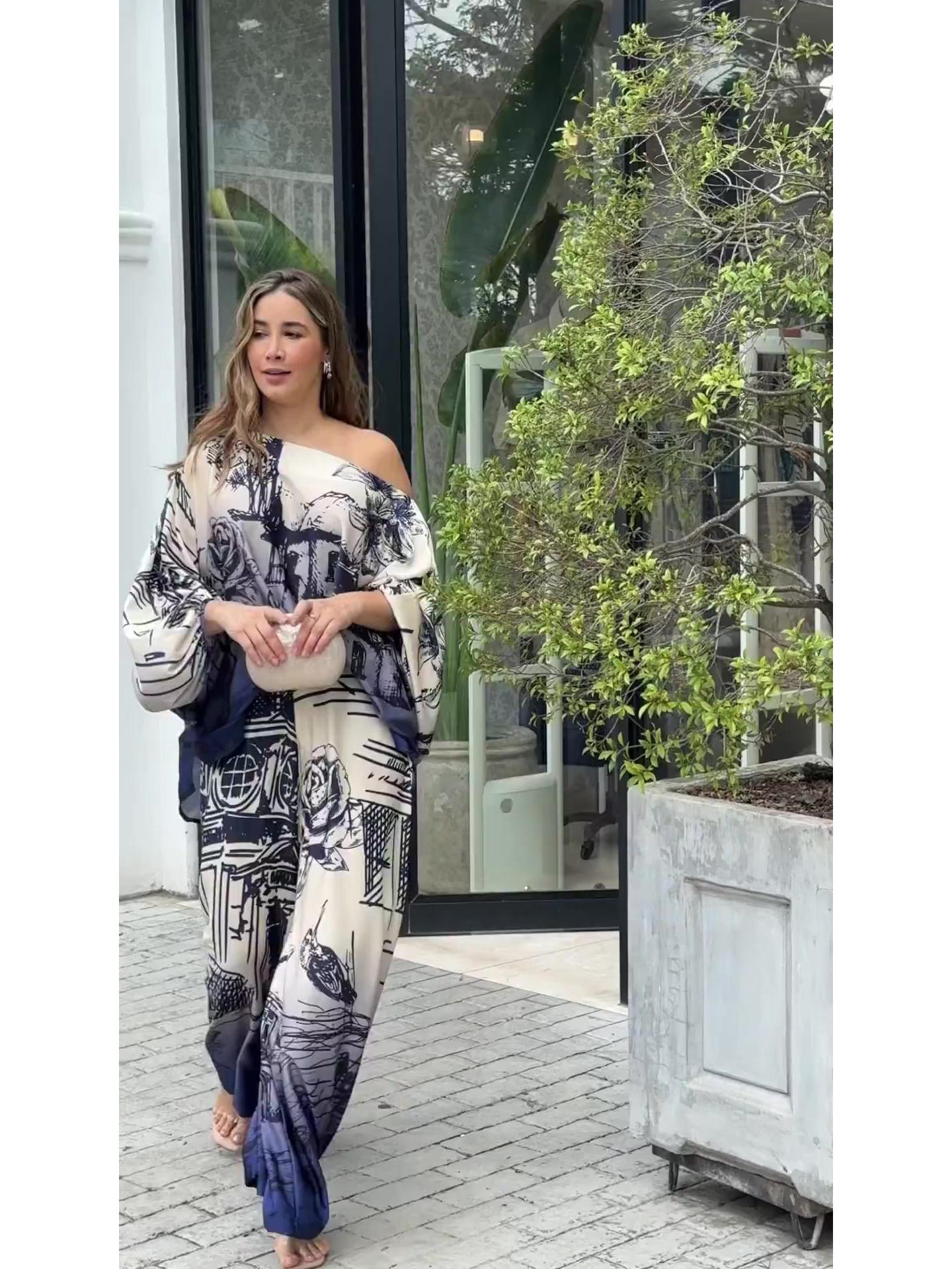 

2024 Весна Европейский и Американский Принт Мода Топ с Рукавами Летучая Мышь и Брюки Палаццо Комплект для Женщин XL