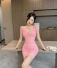 Sexy one-word collar mesh shoulder sleeves off-the-shoulder tight body hip-wrapped bottom short suspender dress new