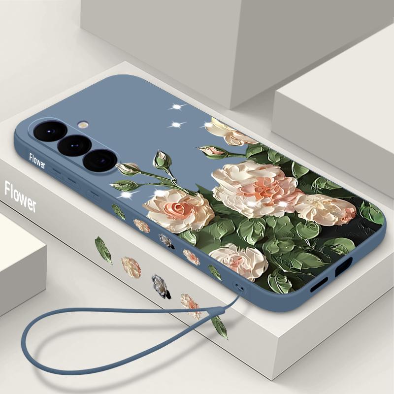 Rose Flower Paintings TPU Case For Samsung Galaxy S24 S25 FE S26 S25 S23 S22 Ultra A17 A56 A16 A55 A25 A15 A36 A54 5G Lanyard Soft Cover