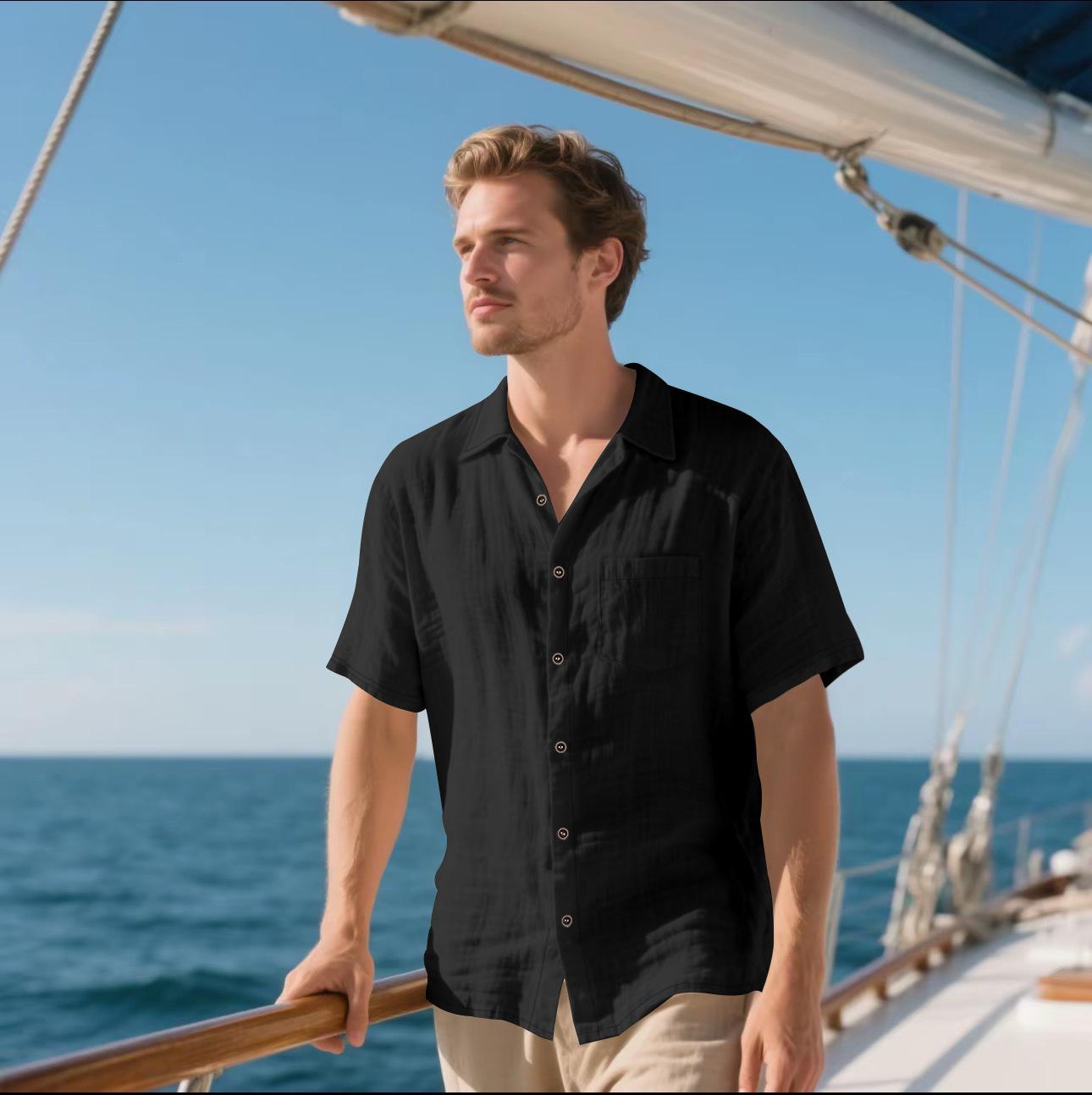 

2025 Men s Linen Short-sleeved Shirt, Casual Breathable Button Shirt, Vacation Beach Summer Top with Pocket S