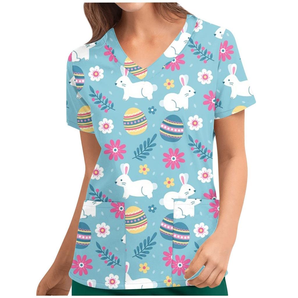 European and American New Nurse Printed Shirt V-neck Short Sleeved Base Women's T-shirt