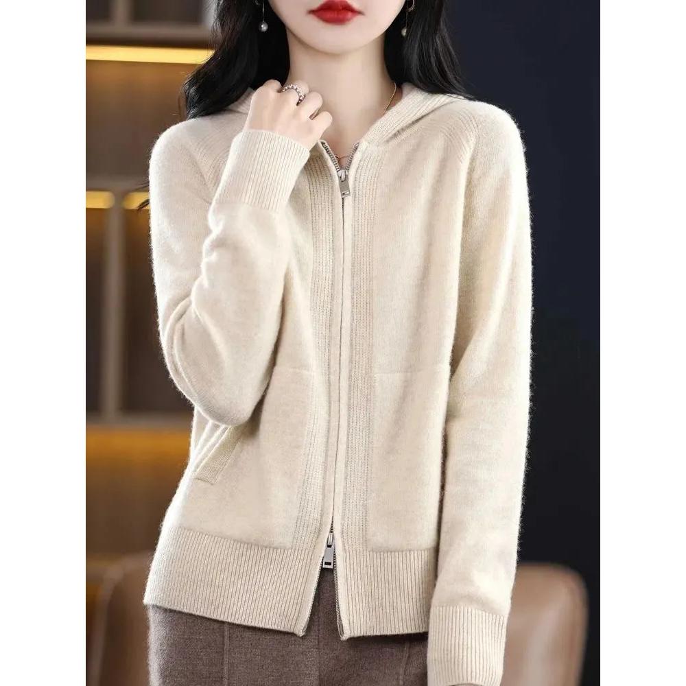 Herbst Reißverschluss Strickjacke Jacke Damen Lässig Einfarbig Kapuze Kaschmir Pullover Mantel Weiblich Wild Stricken Oberteile