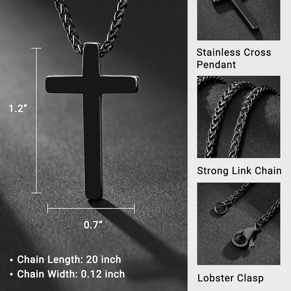 Men's Boys Black and White Cross Necklace Communion Gift 1:9 Stainless Steel Chain