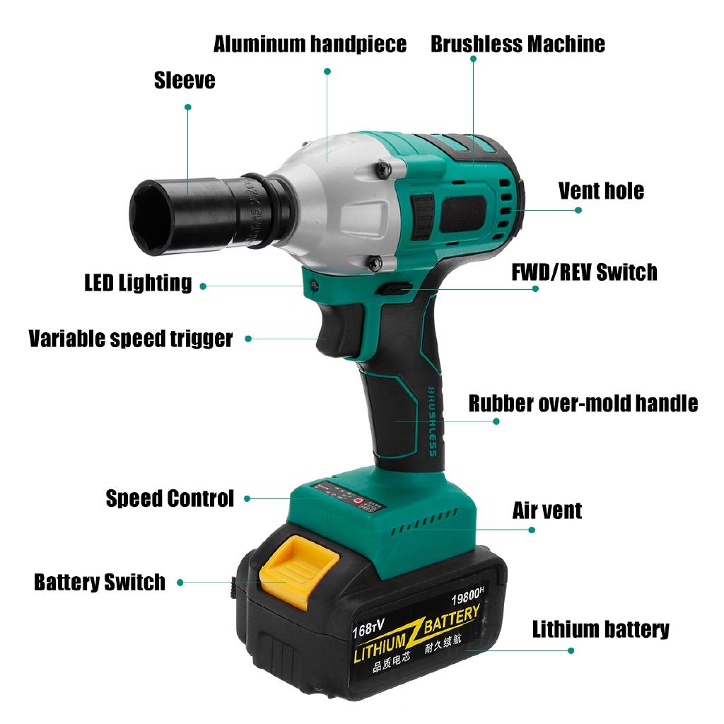 168V 500Nm Cordless Electric Wrench Impact Brushless Driver Power Tool Rechargeable Lithium Battery Household Drill