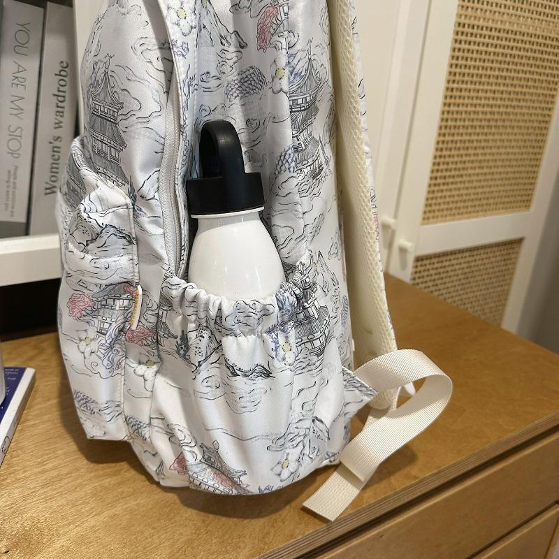 Zaino in Nylon Stampato Paesaggio Stile Cinese con Grande Capacità e Tasche Multiple Adatto per l'Uso Quotidiano e Studentesco Come Zaino Studentesco