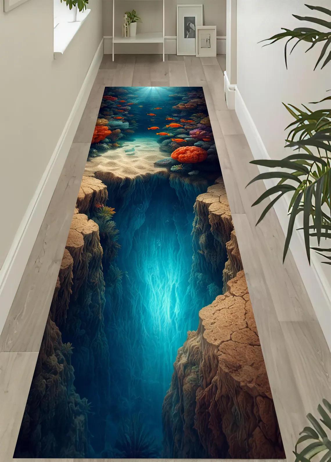 

3D Illusion Abyss Runner Rug Non-Slip, Creative Waterfall Canyon Floor Mat Washable, Realistic Decorative Rug for Hallway Decor 40x120cm