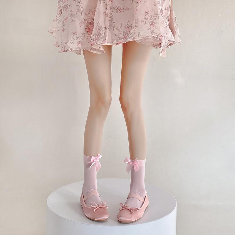 Bow Socks Spring/Summer Thin Mid-calf Socks Velvet Ice Silk Candy-colored Dui Dui Lolita Thigh-high Socks