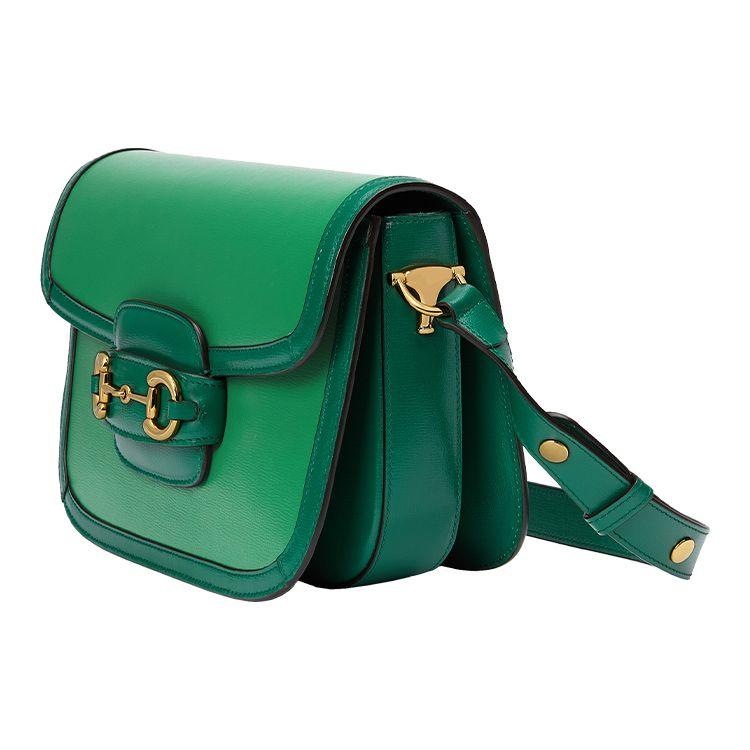 Gucci Horsebit 1955 Vintage Gold Buckle Color-Blocked Trim Leather Saddle Bag Small Women Saddle Bag Green Bright-Green 602204-1DBAG-3780