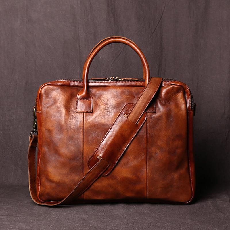 

NZPJ Retro Handmade Top Layer Cowhide Leather Men s Handbag Vegetable Tanned Horizontal Computer Bag Zipper Briefcase