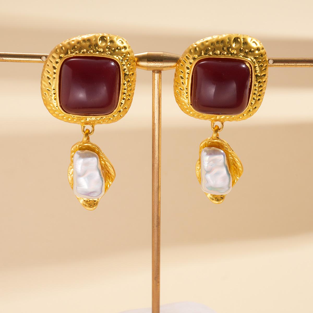 Square resin imitation pearl silver needle earrings medium antique unique stud earrings
