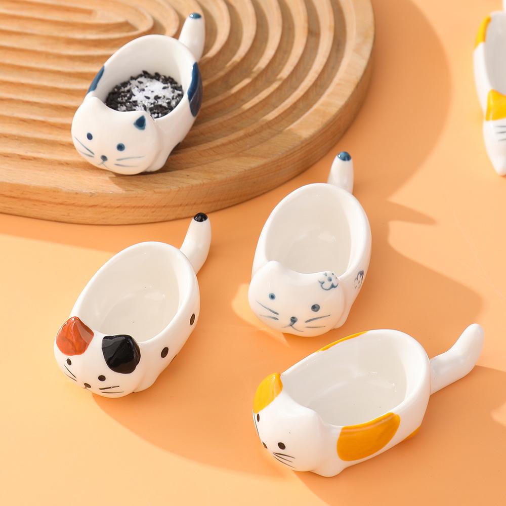Creative Cartoon Ceramic Taste Plate Household Cute Kitten Dipping Plate Chopstick Rack Spoon Holder Hot Pot Sauce Plate Vinegar Plate
