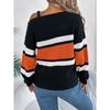 HNXC Autumn and Winter Casual Color-blocking Striped Lantern Sleeve Metal Buckle Off-the-shoulder Pullover Sweater for Women