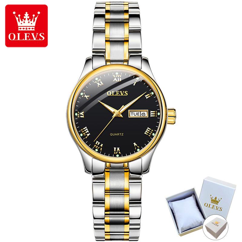 

OLEVS 5568 с подарочной коробкой, двойной календарь, кожаный ремешок, женские часы с ремнем, женские часы дымный черный