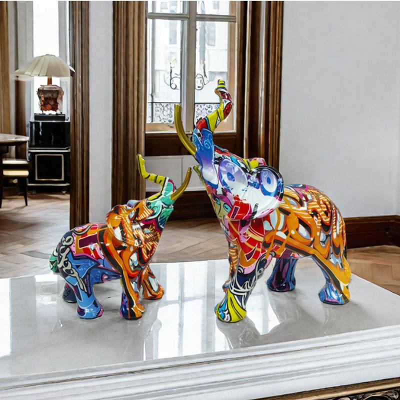Modern Painting Graffiti Elephant Sculpture Colorful Abstract Art Resin Elephant Statue Nordic Home Decoration Desktop Ornaments